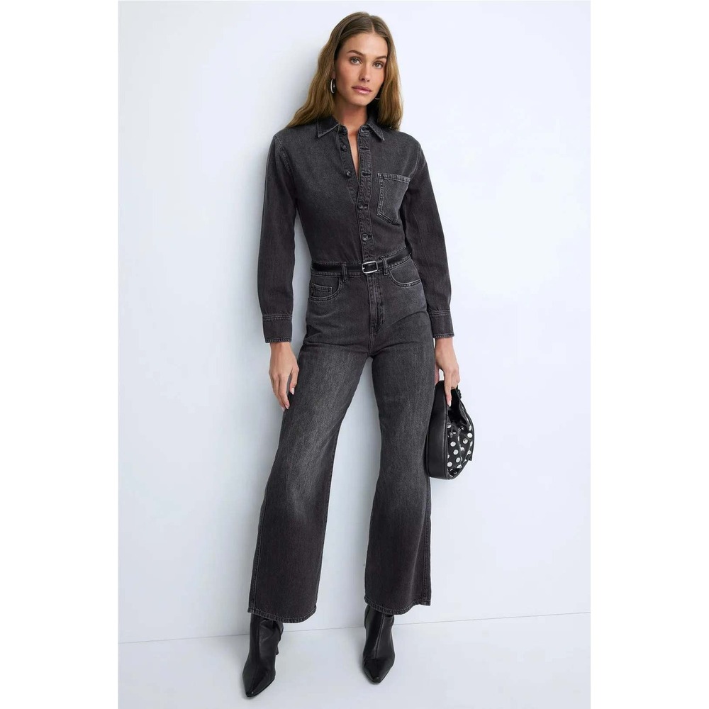 DL1961 Ines Denim Jumpsuit Washed Black Utility Boiler Suit Womens Sz L